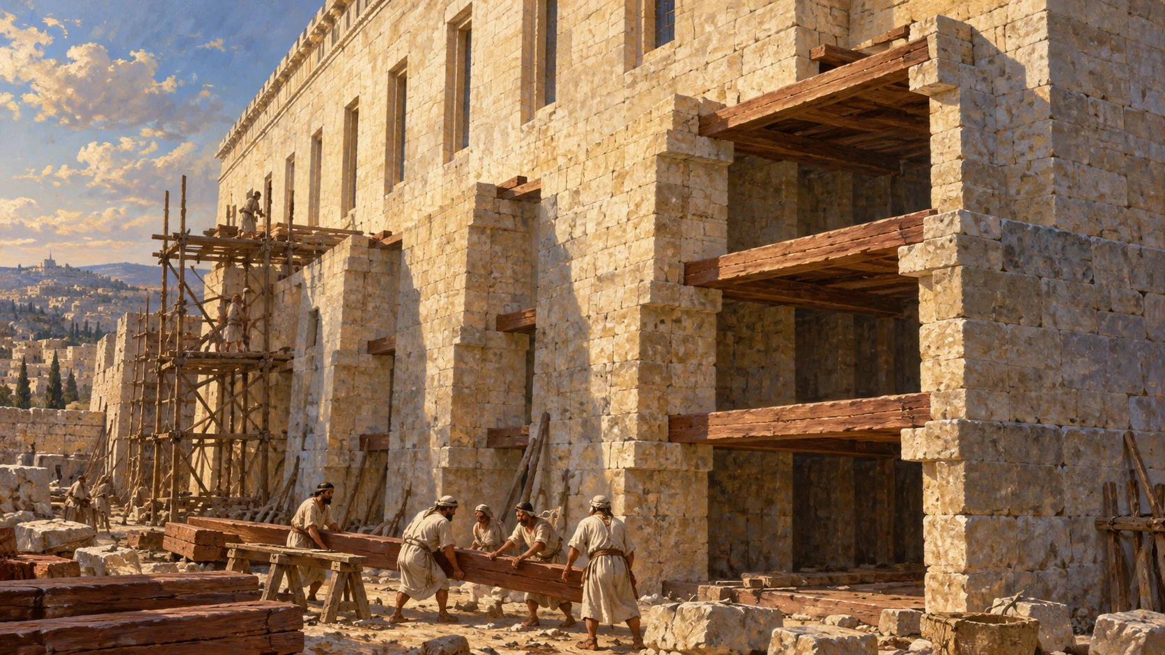 Exterior architectural view emphasizes recessed windows and the three tiers of side rooms with progressively wider upper levels. Do not invent text or dimension labels.