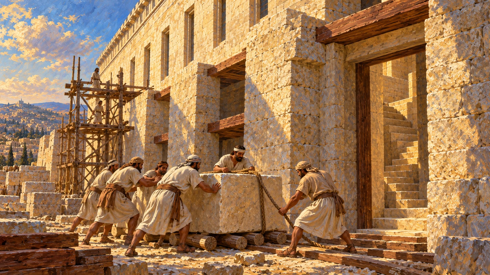 Workers position already dressed stones quietly, without on-site hammering; a side entrance and ascending internal stair are visible in architectural context.