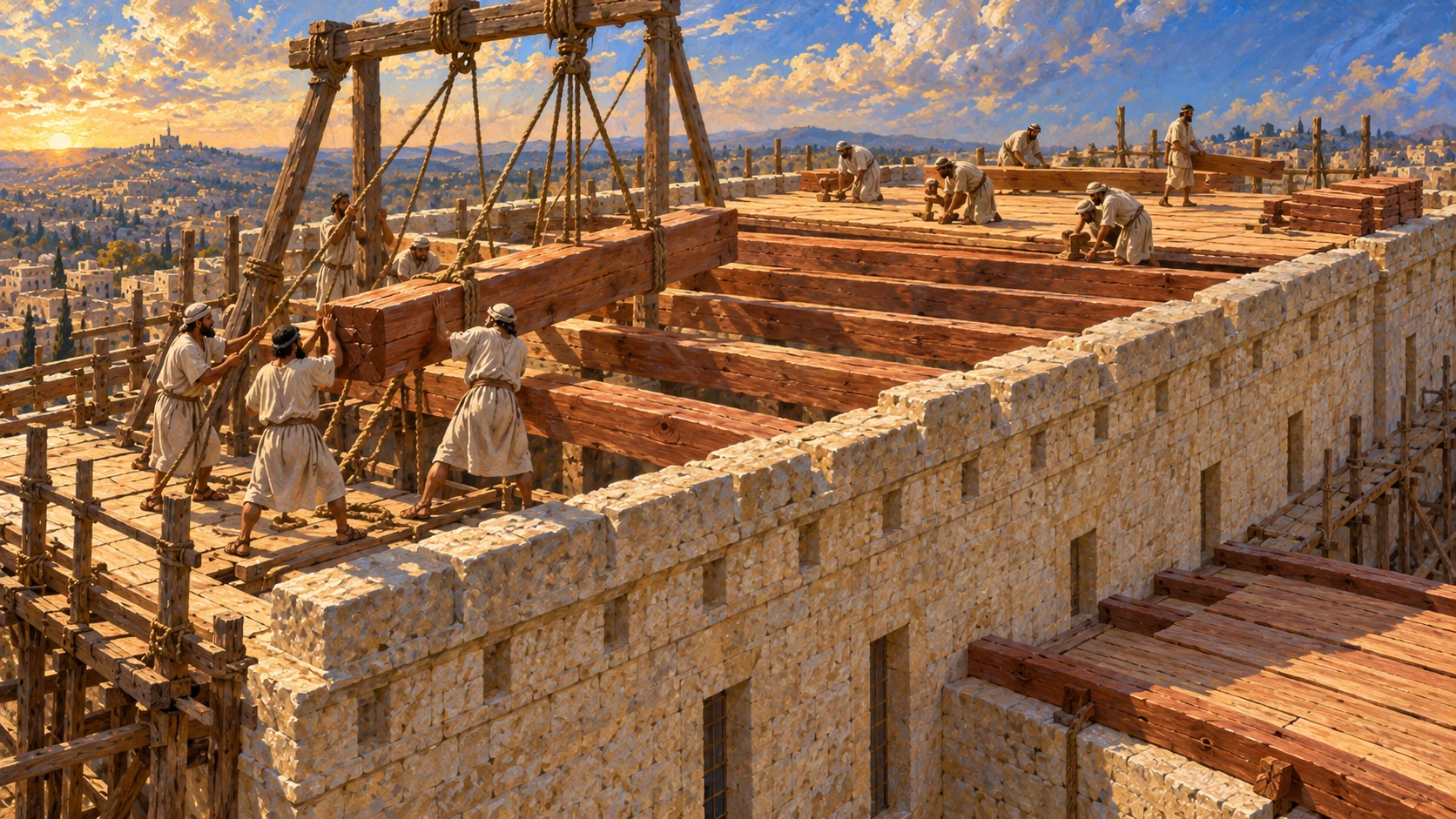 Workers set cedar roof beams and side-structure timbers using ropes and wooden supports.