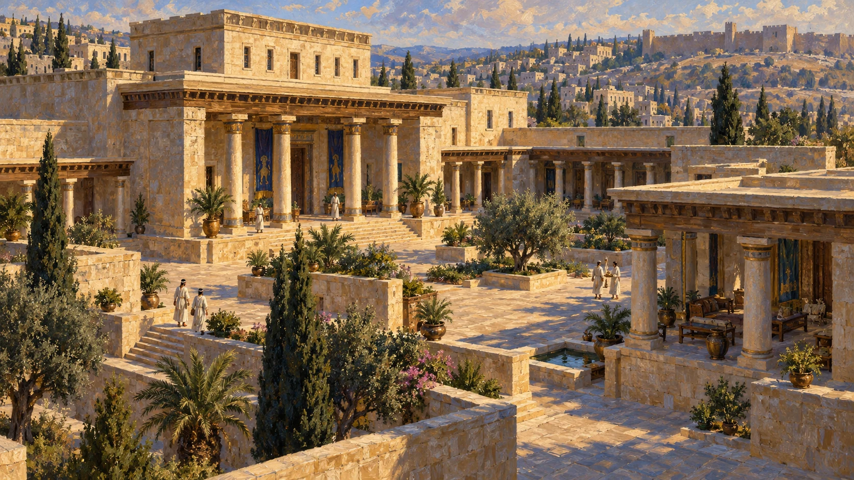 Completed royal residential complex; established-era Solomon only if shown. Distinguish palace from Temple.