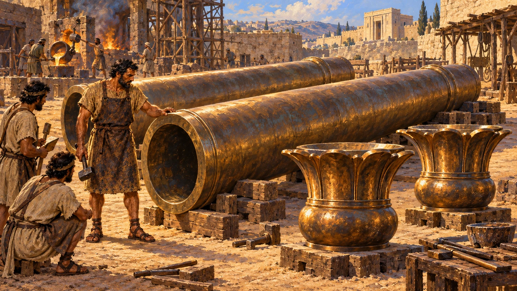 Hiram and workers in bronze casting yard with two massive matching shafts and matching capitals; exact measurements below.