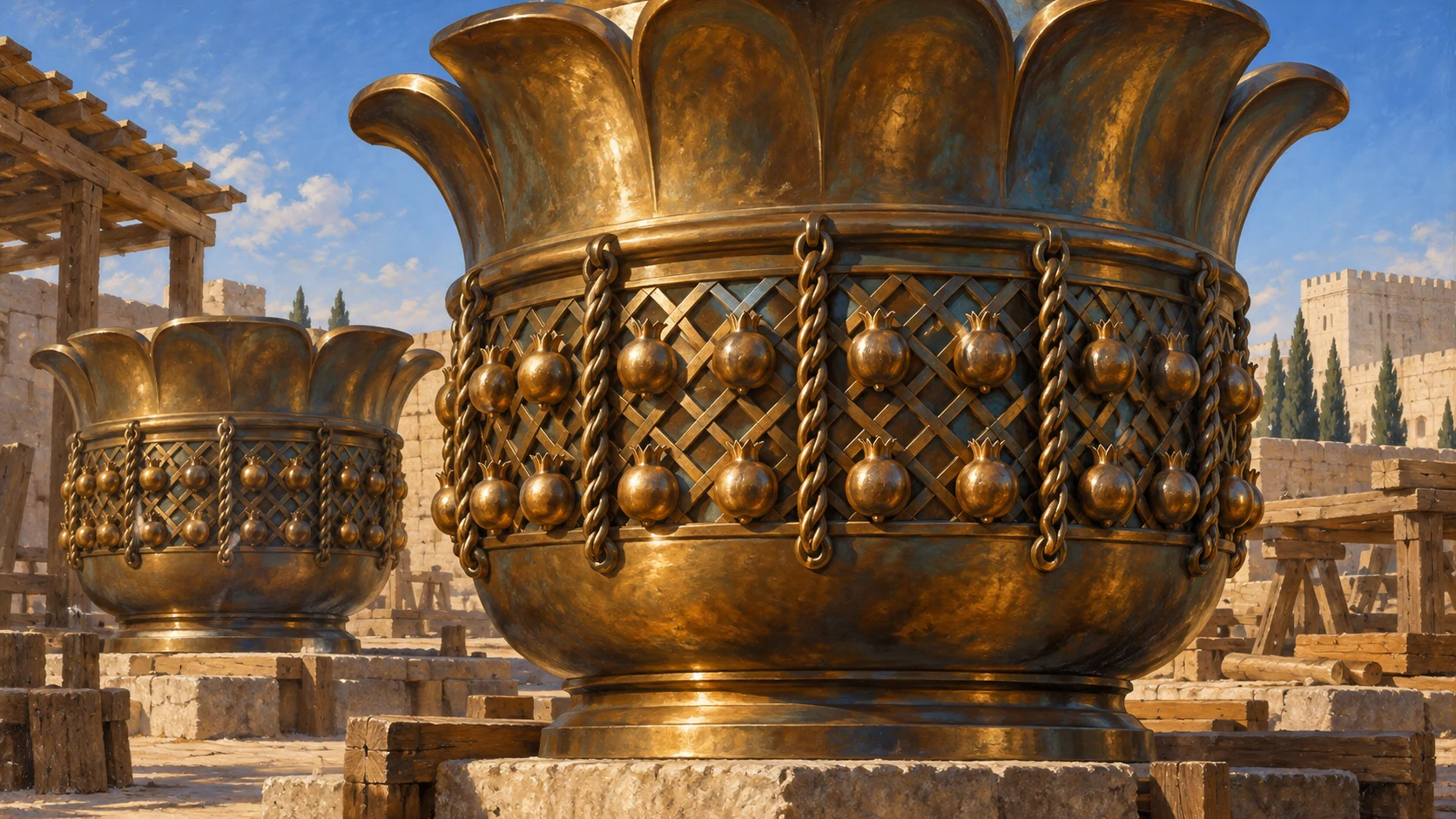 Close bronze capital detail with latticework, chainwork and two pomegranate rows; check arrangement.