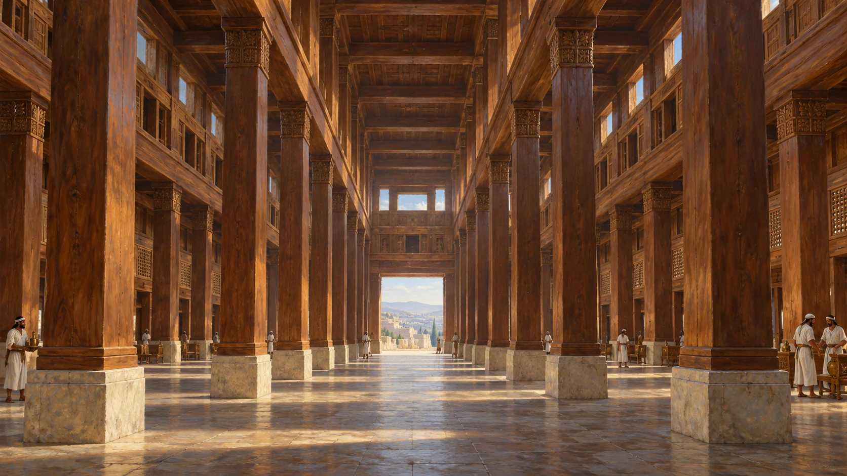 Cedar hall with four rows of cedar pillars and upper cedar construction; dimensional interpretation, exact measures in Scripture.