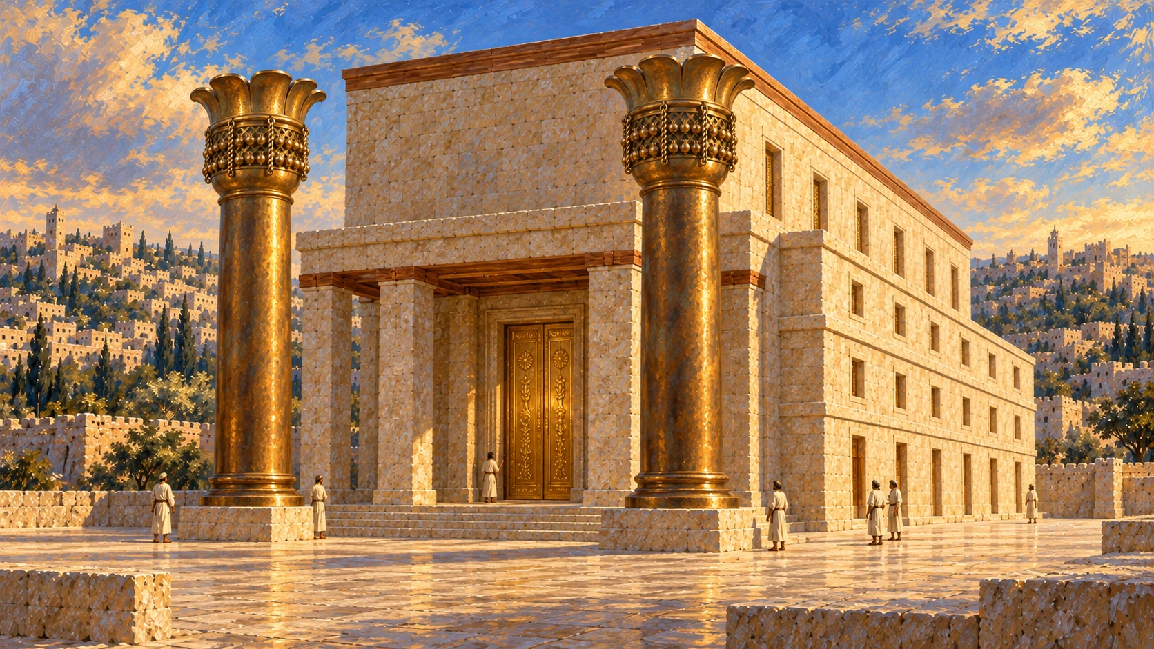 Two freestanding bronze columns flanking Temple portico; no names printed on architecture.