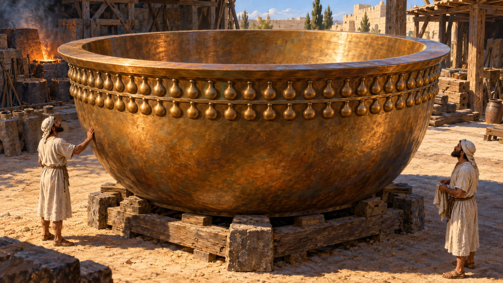 Round large bronze basin with two rows of gourd ornament beneath rim; no modern pool.