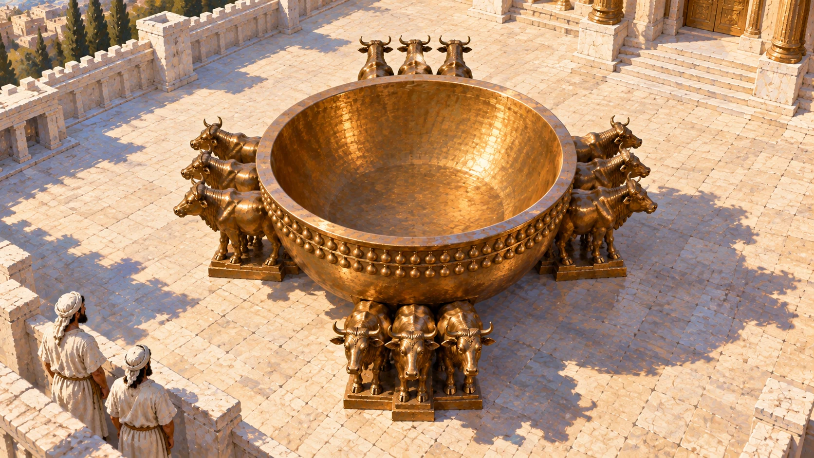 Basin on exactly twelve bronze oxen in four outward-facing groups of three; choose elevated view to clarify groups, no living cattle.