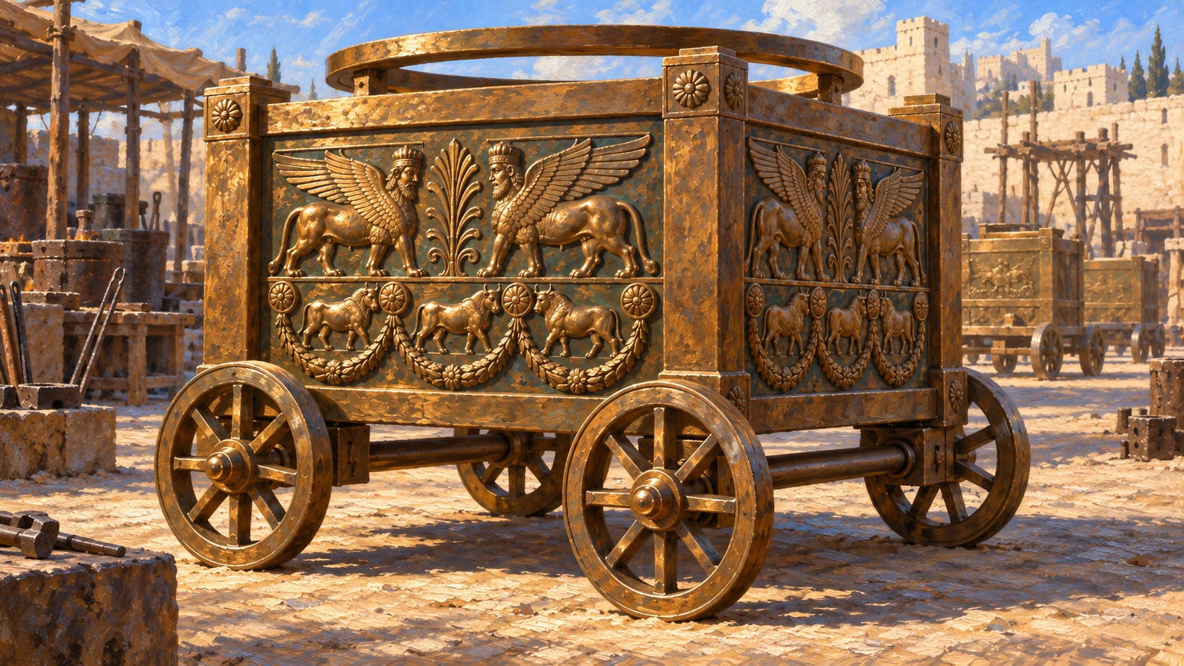 Close single stand with four bronze spoked wheels, axles, square panels and round upper basin opening.