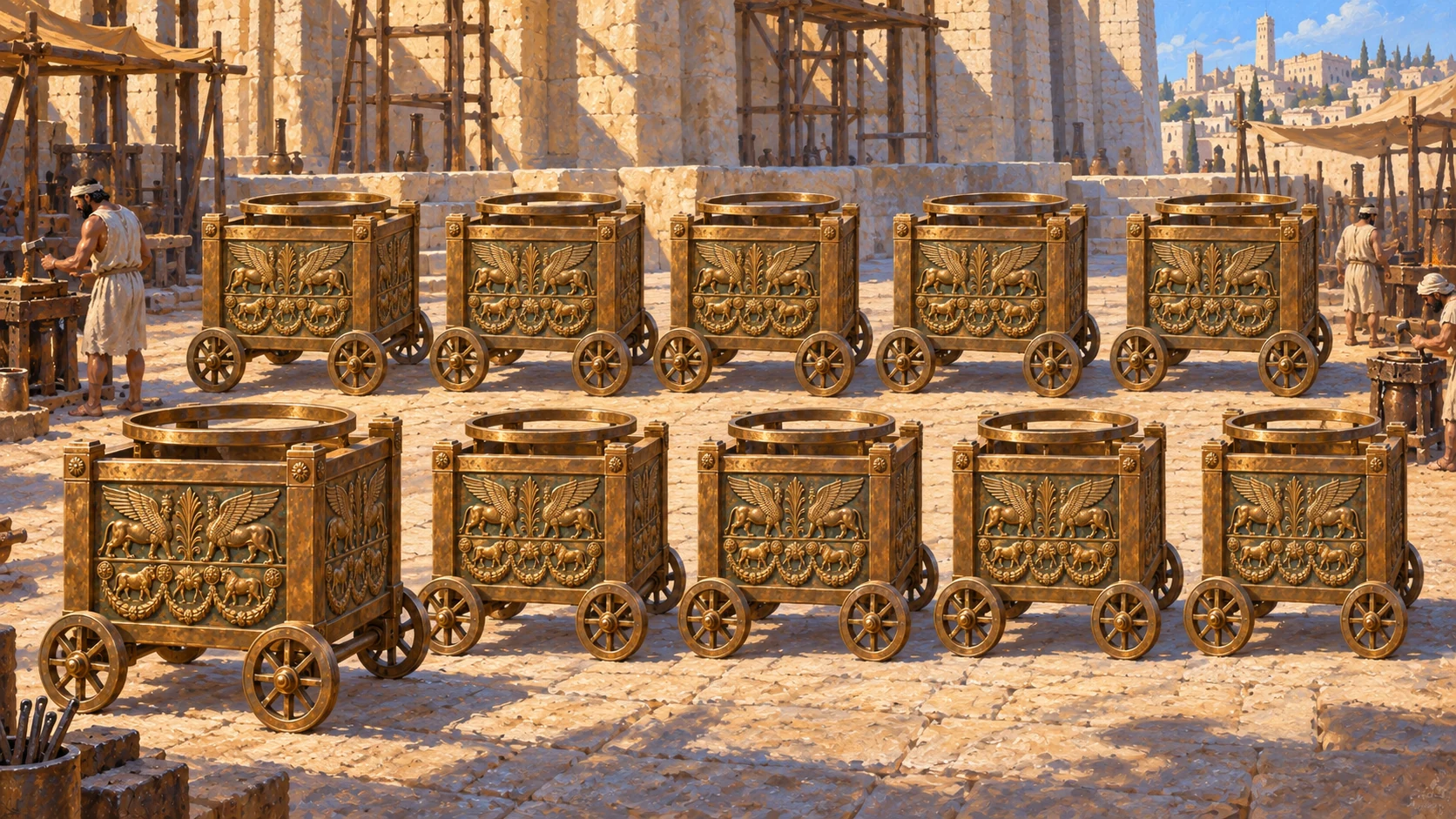 Ten matching bronze stands, four corner supports and round upper rims; engraved cherubim lions palms wreaths.