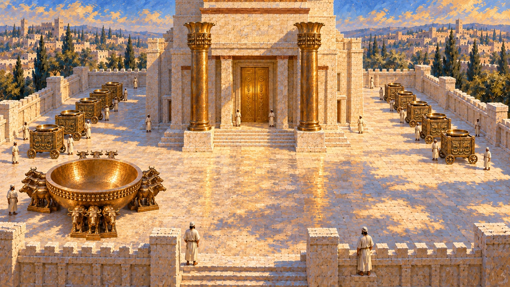 Ten basins on stands, five each side of Temple; Sea to southeast. Elevated spatial composition, no map labels.