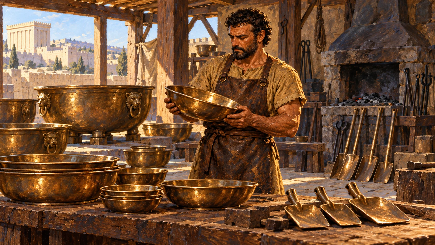 Hiram workshop-era identity among burnished bronze bowls shovels and basins, inspecting completed work.