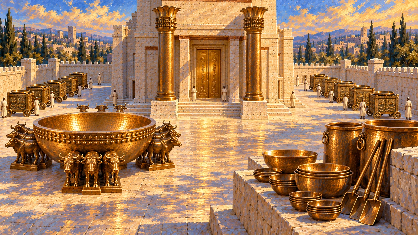 Wide Temple-court inventory scene showing columns Sea oxen and stands, small vessels foreground; preserve counts where visible.