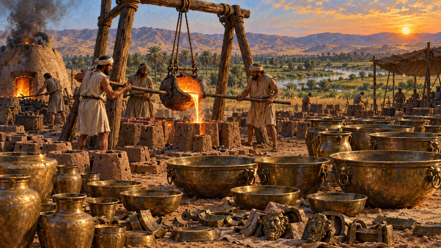 Bronze casting in clay ground between Sukkoth and Zarethan; many vessels, worker-controlled pouring with plausible support.