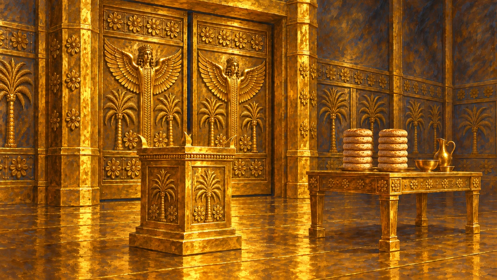 Gold altar and gold table holding bread of Presence, interior Temple context.