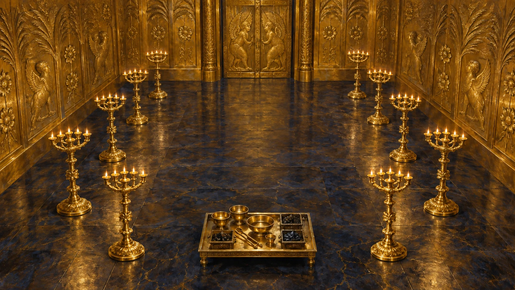 Exactly ten gold lampstands five each side, gold tongs bowls cups firepans and door hinges; no Ark installation.