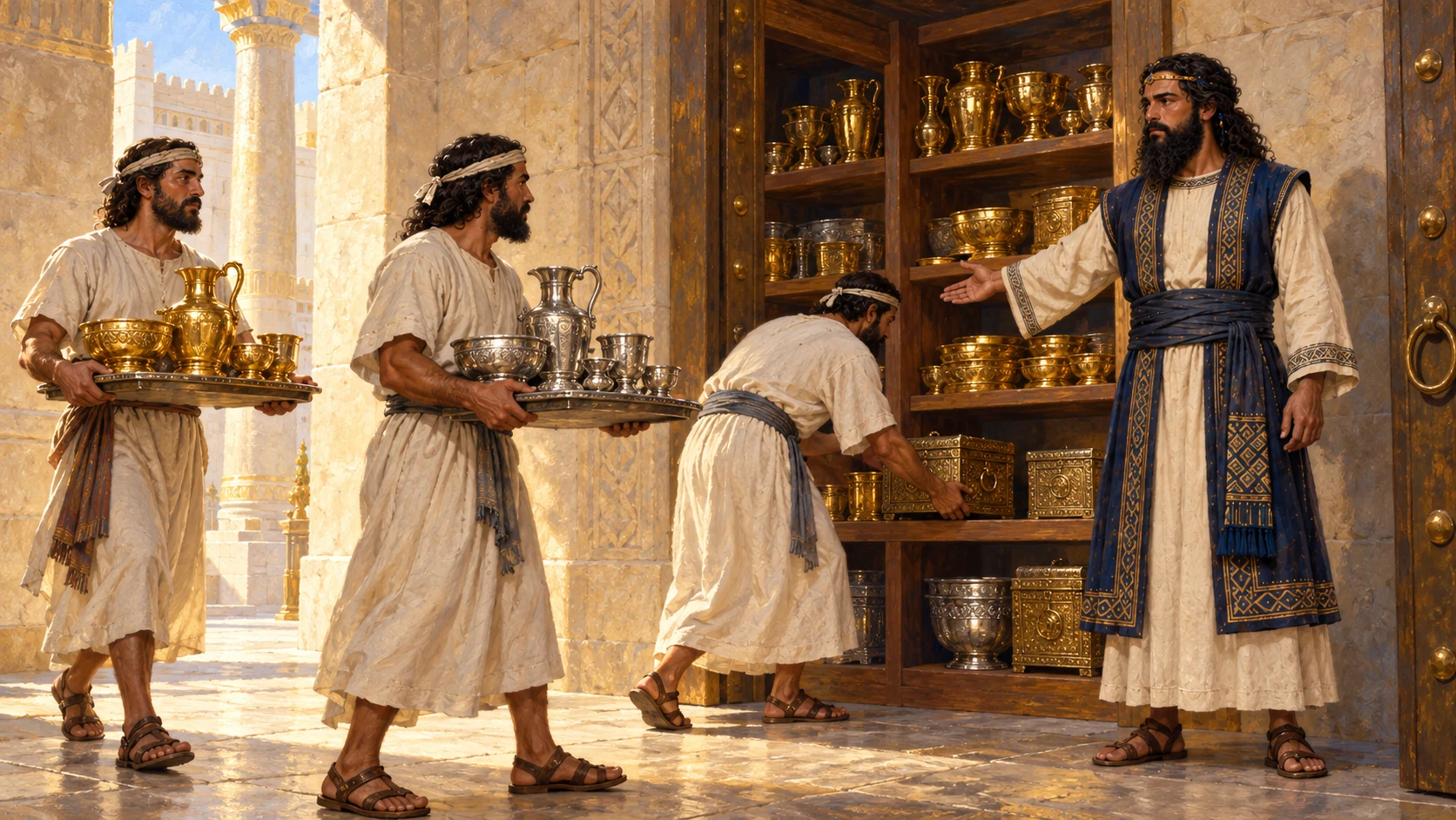 Builder-era Solomon overseeing attendants bringing silver gold and vessels to Temple treasury; no living David.