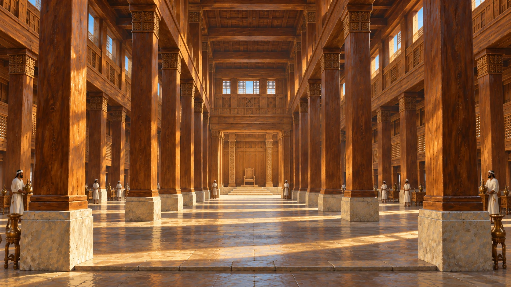 Hall of Pillars leading toward cedar-paneled Hall of Judgment. Established-era Solomon may sit in the far hall.