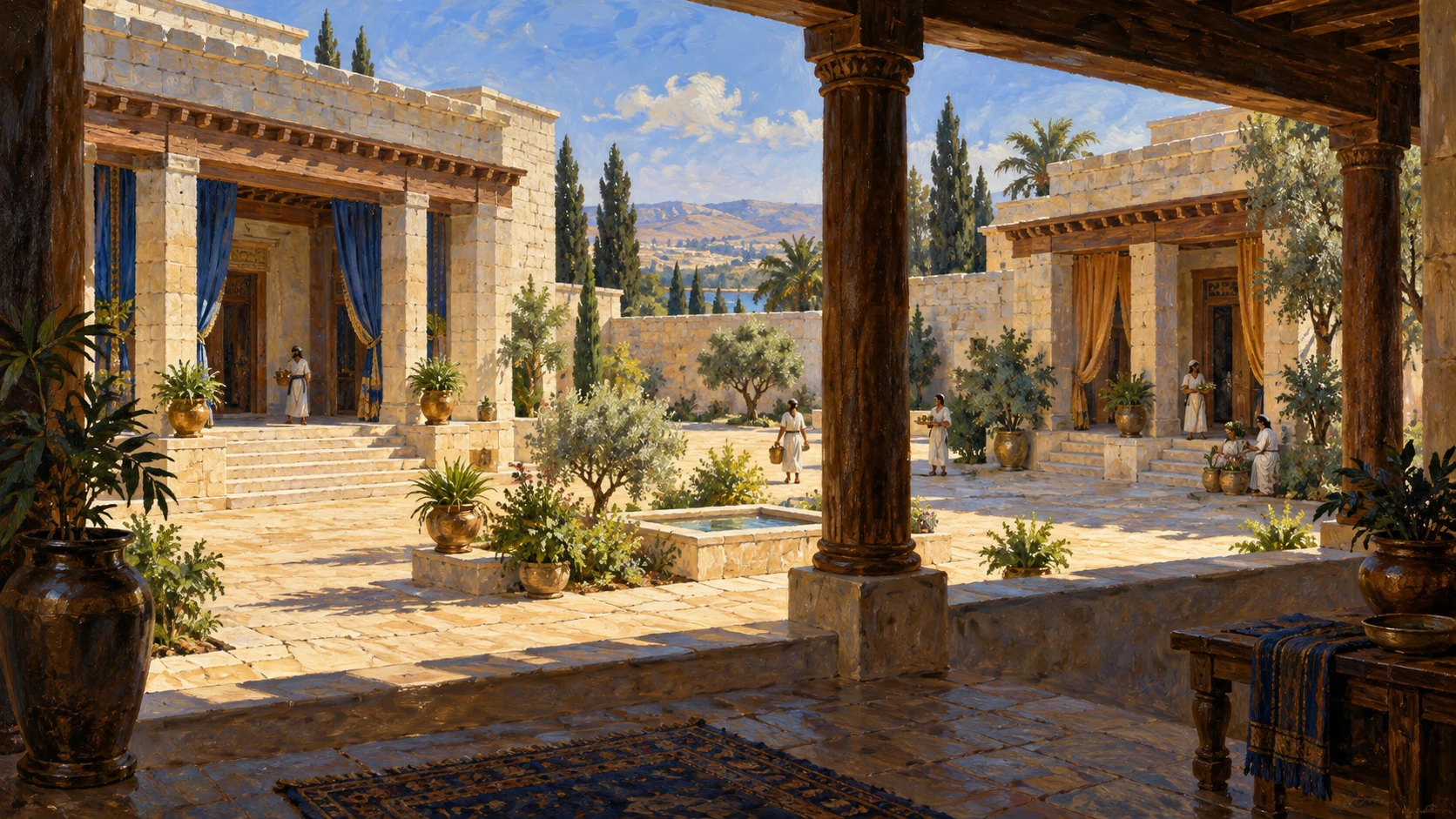 Separate rear-court residences for Solomon and Pharaoh’s daughter, same fine workmanship; no invented meeting.