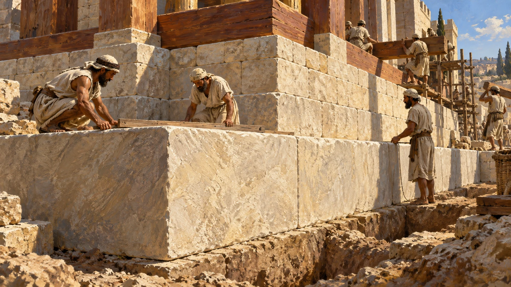 Large accurately dressed foundation stones and cedar construction; visual scale with workers, no printed dimensions.