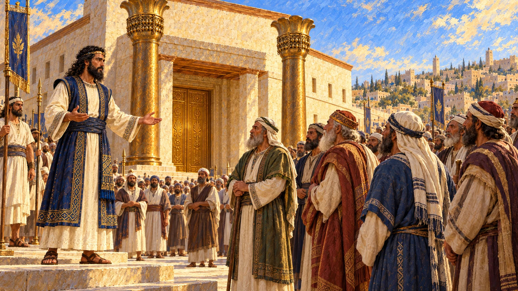 Solomon gathers elders and tribal heads for the seventh-month festival. Builder-era Solomon at Temple dedication; do not automatically use later prosperity age.