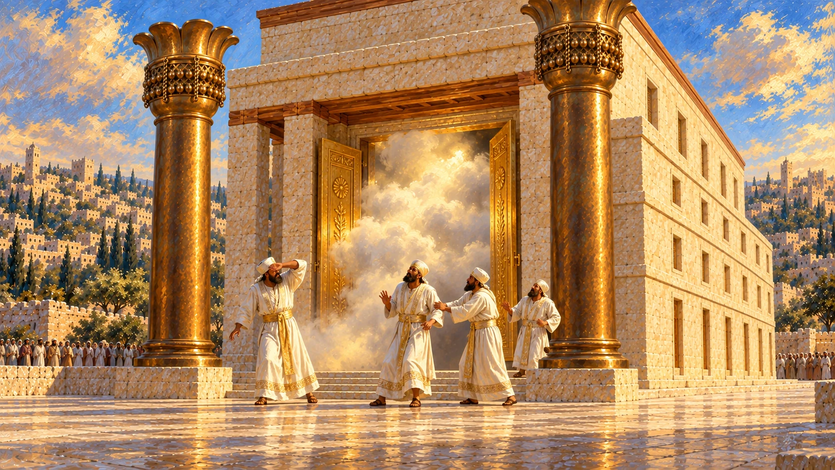 Priests retreat from thick luminous cloud filling sanctuary; no humanoid God or visible divine face.