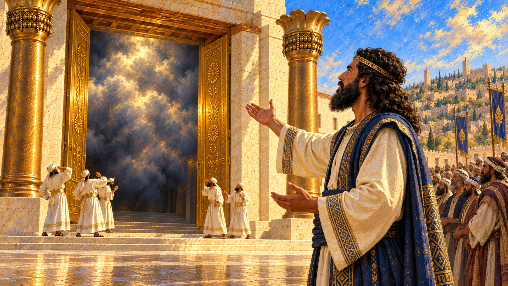Solomon speaks toward cloud-filled house, maintain dedicated-day clothing and dark-haired builder age.
