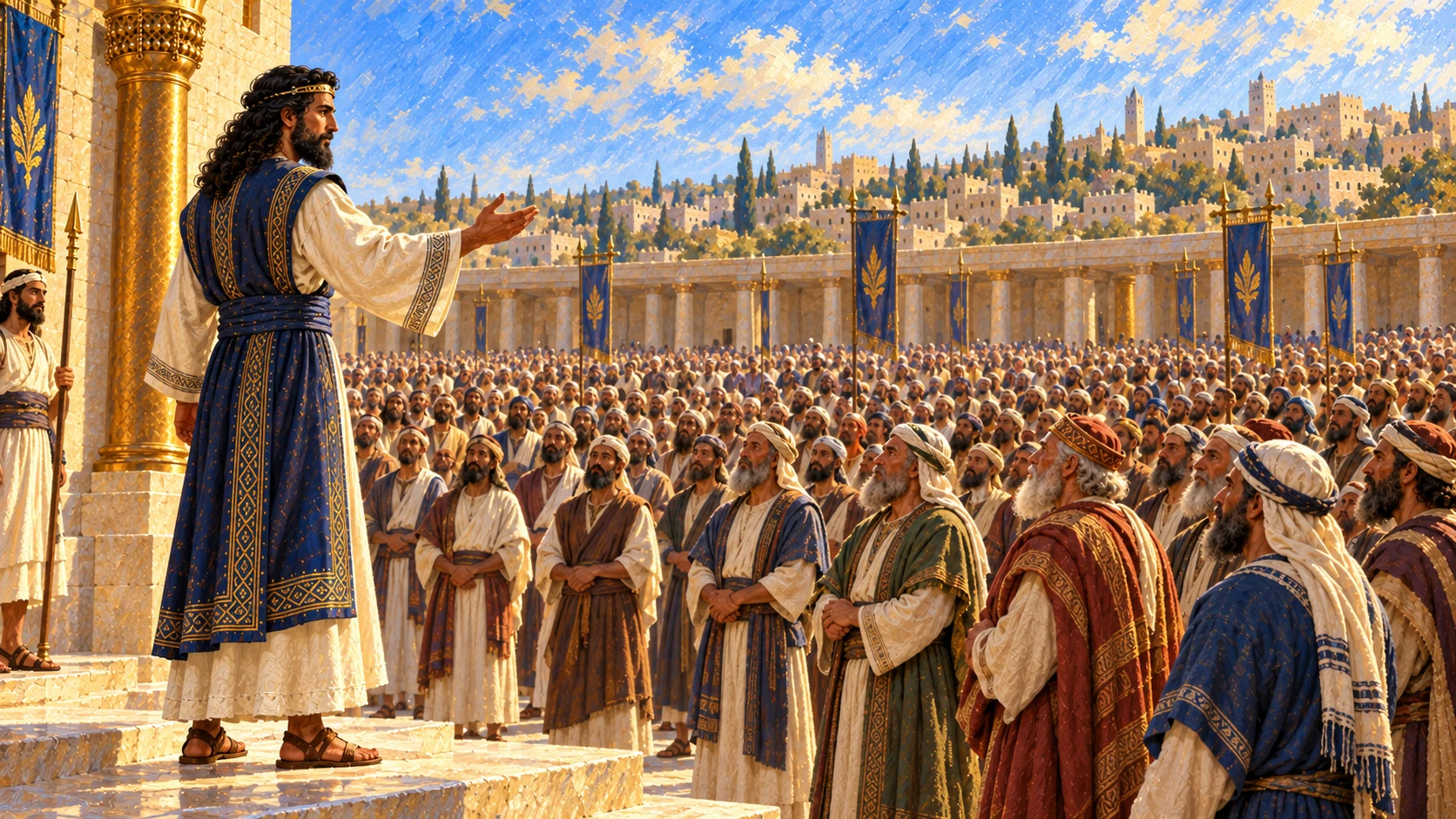 Solomon turns from Temple toward standing congregation and blesses them; no seated crowd.