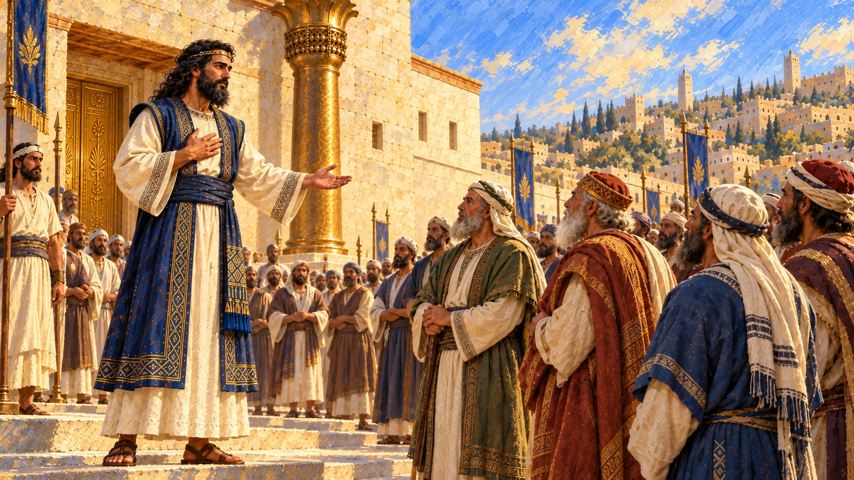 Solomon continues speaking of father’s desire, grounded present-day speech scene; no living David at dedication.