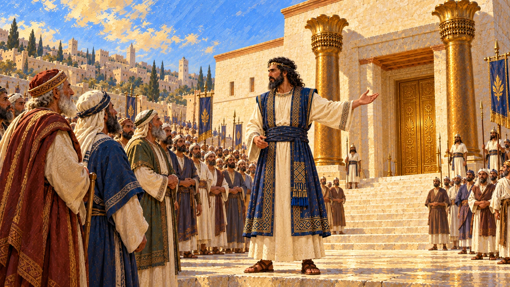 Solomon gestures toward completed Temple while addressing standing assembly; do not move Ark outside again.