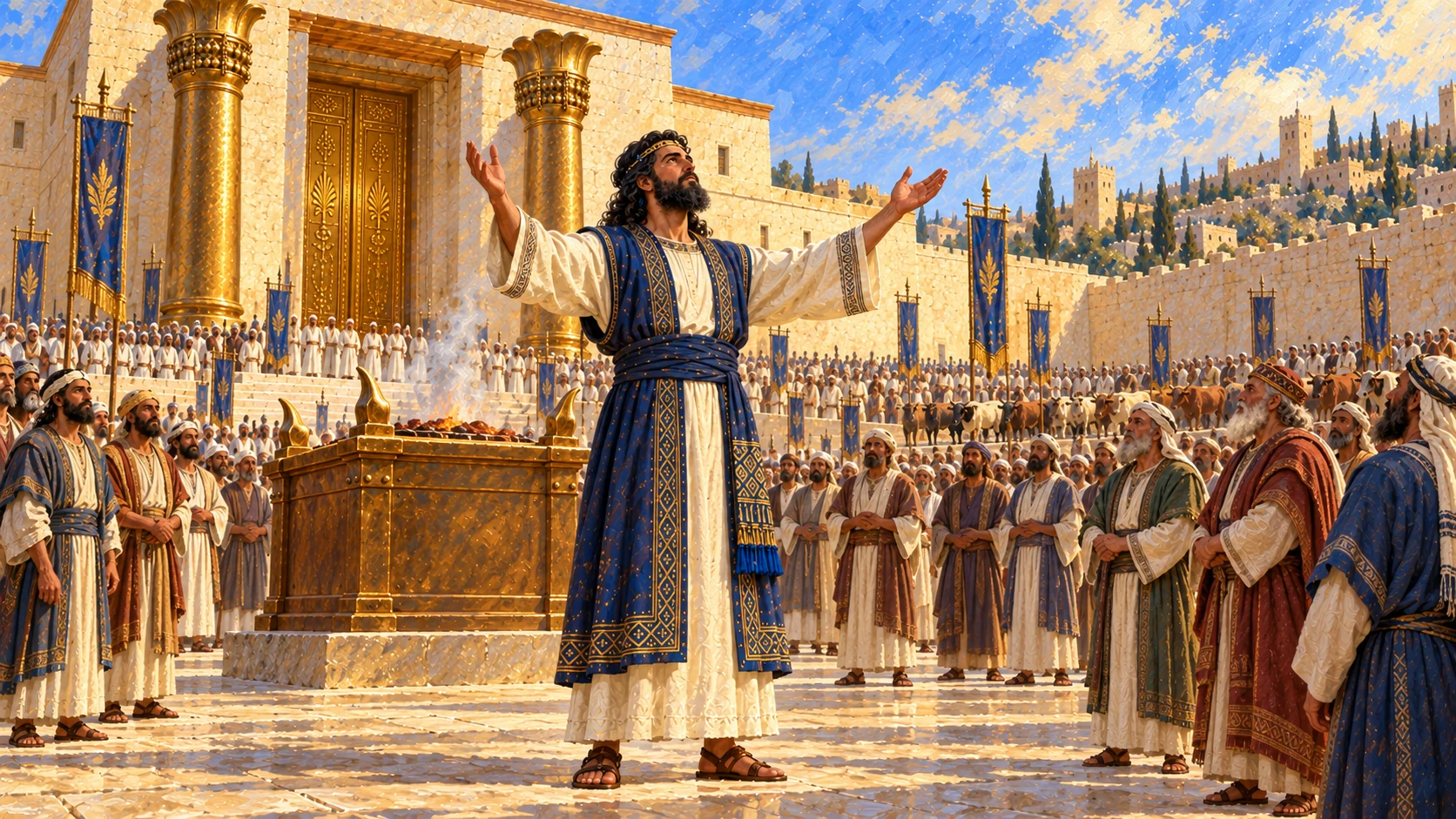 Solomon stands before altar and spreads both hands toward heaven. Realistic anatomy, altar outside sanctuary.