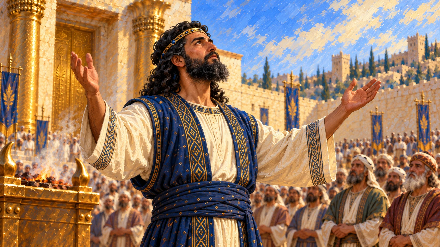 Closer view Solomon praying earnestly with uplifted palms, standing at this point.