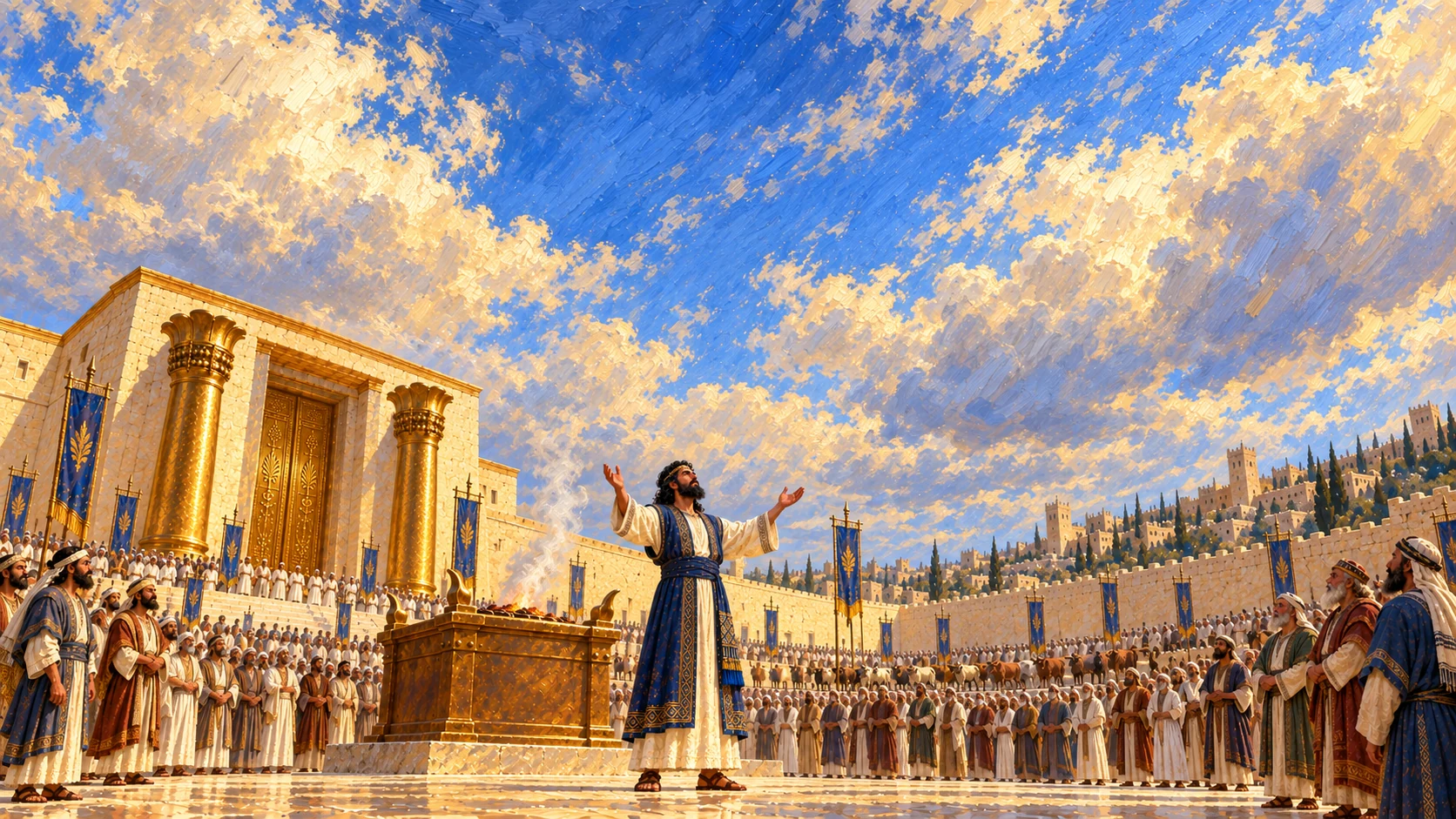 Wide view praying king small beneath great open sky and Temple; no God figure in sky.