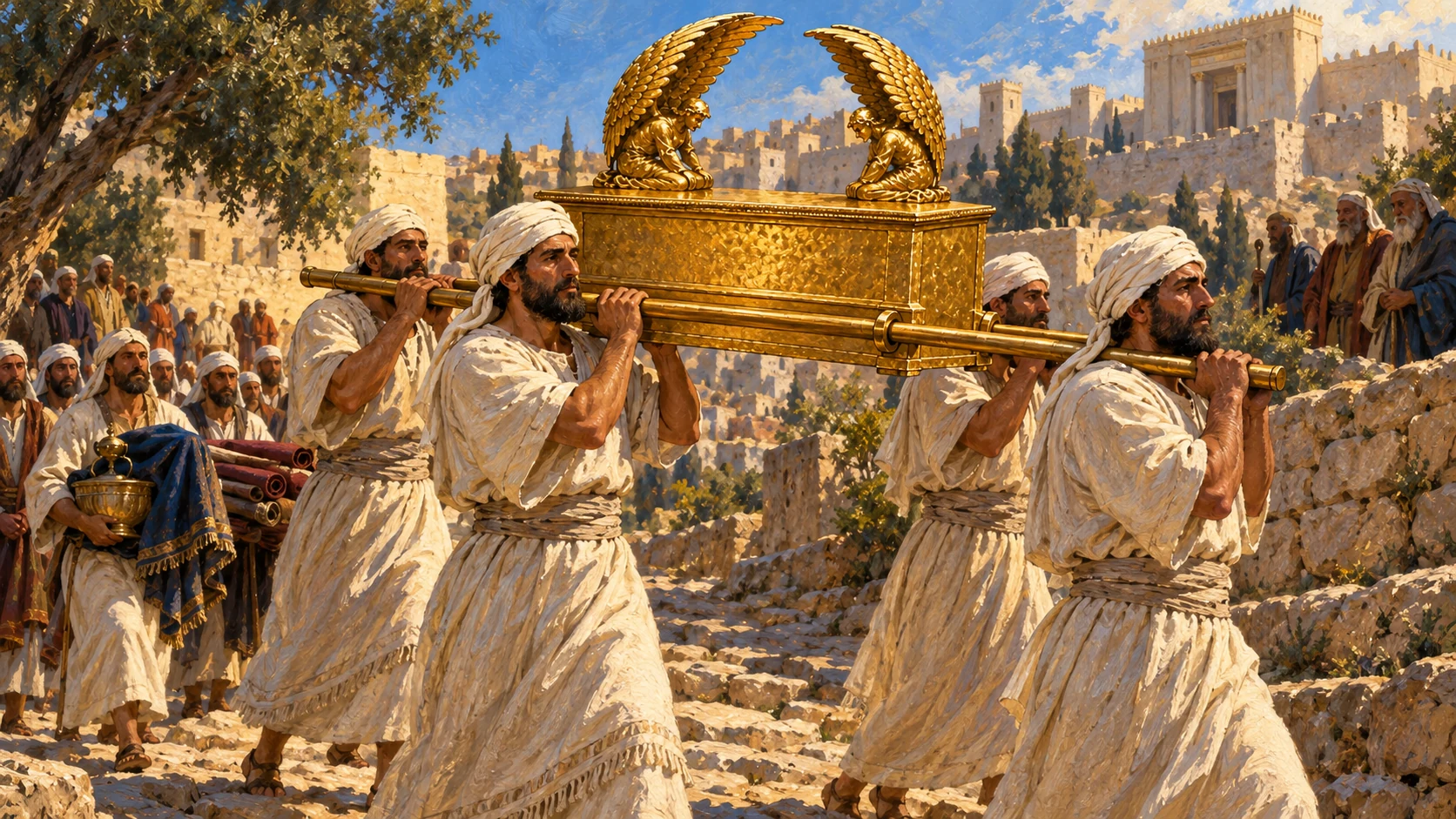 Priests carry Ark on shoulder poles, Levites carry holy vessels and packed tent furnishings. Match existing Ark reference; no cart or touching chest.