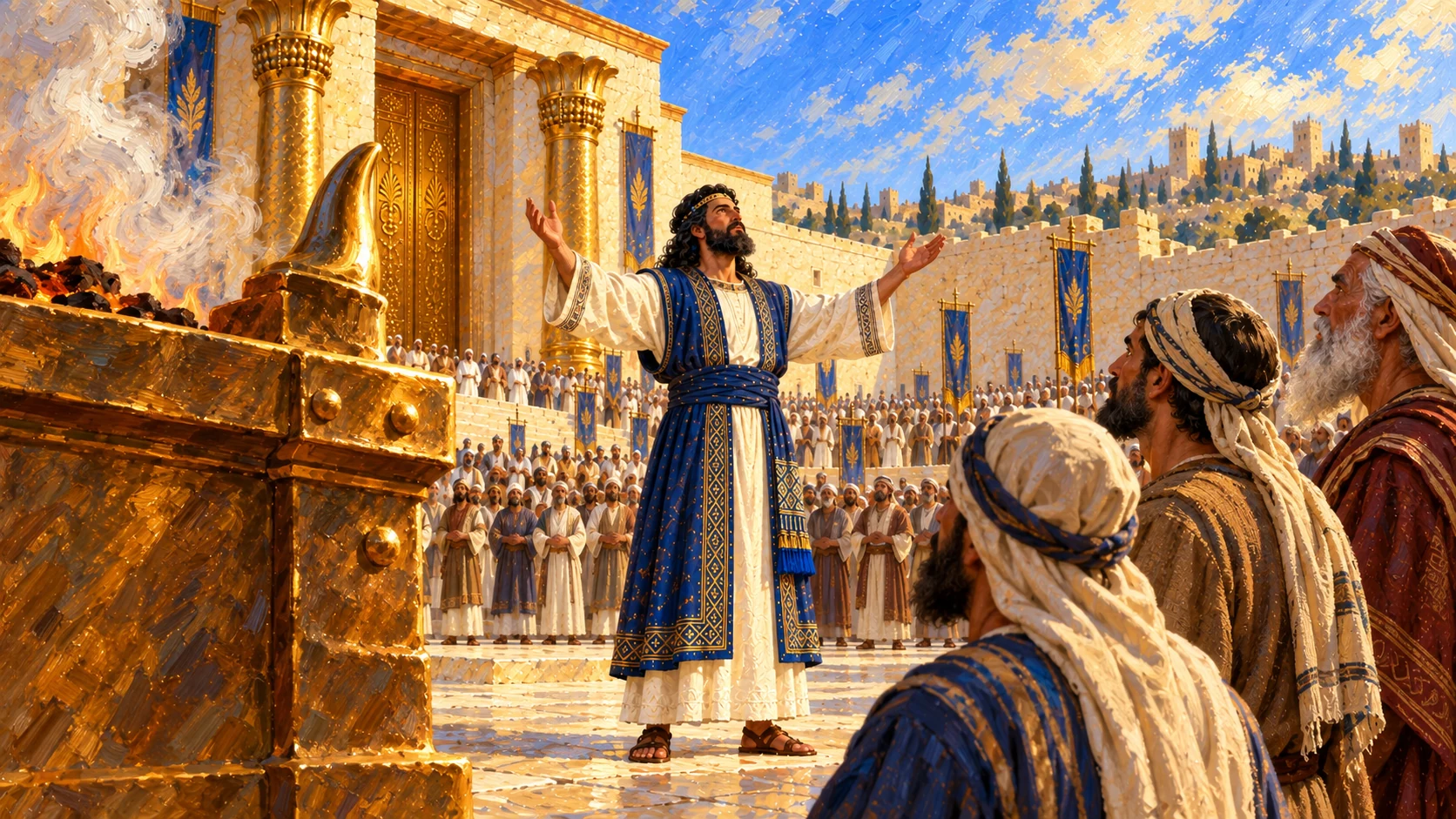 Solomon prays before altar; hypothetical oath remains in text rather than depicting an actual court case.