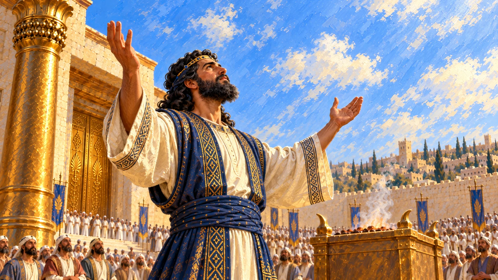 Praying king against ordinary open sky, no literal rain miracle occurring during dedication.