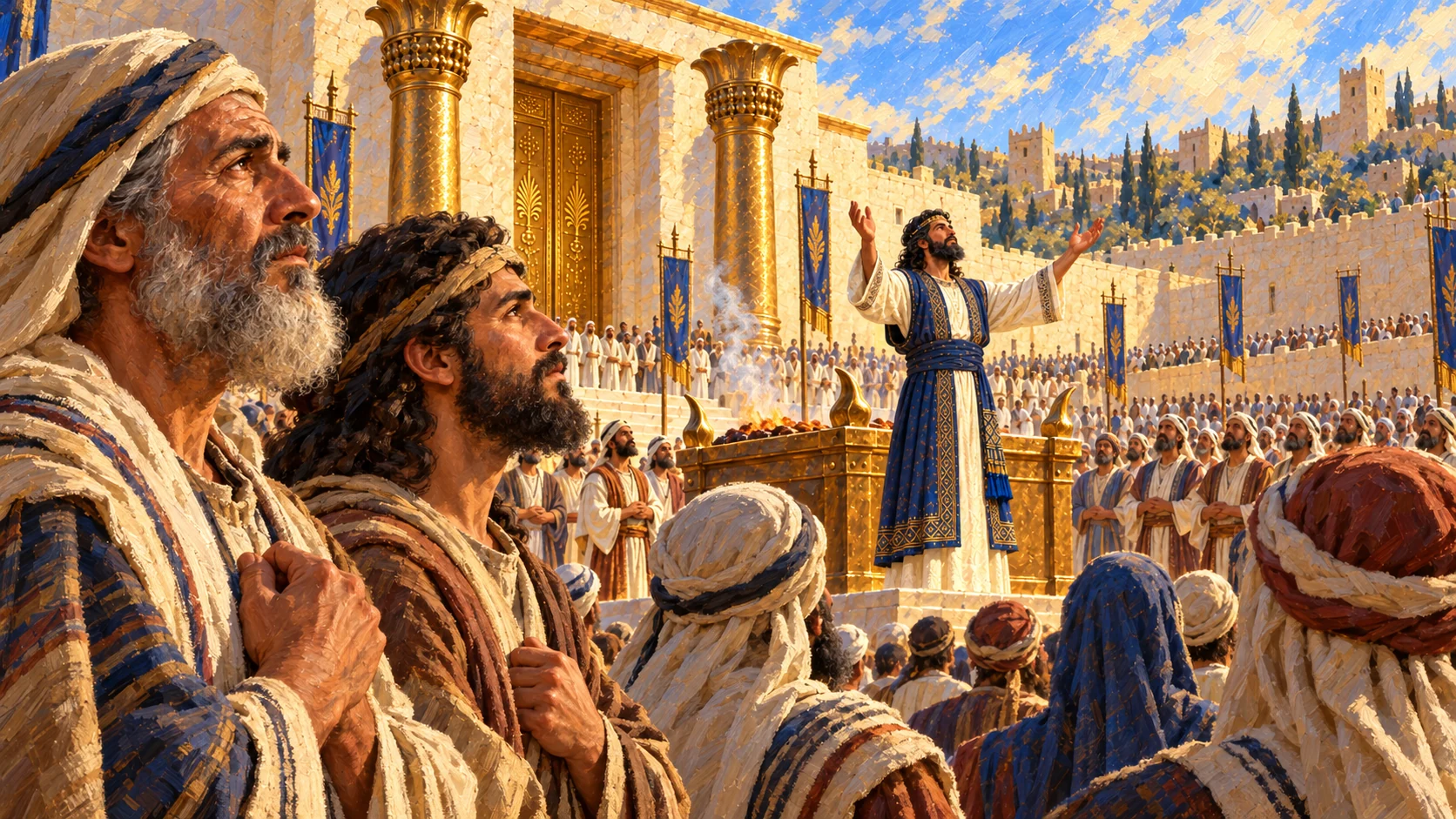 View from among attentive worshippers toward Solomon at altar. Do not depict hypothetical famine or plague as dedication events.