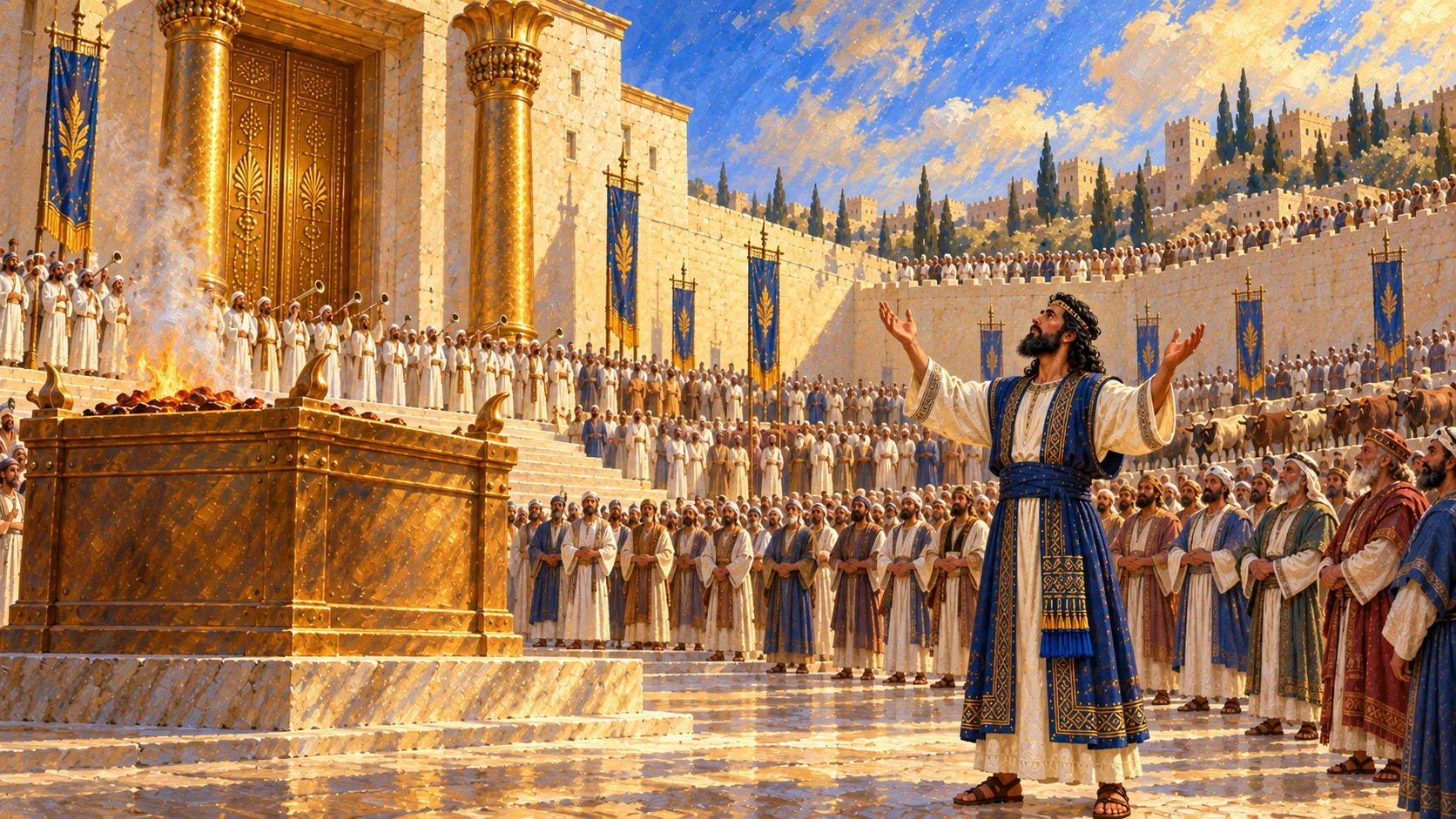 Solomon praying, temple courtyard and assembly; battle remains hypothetical in text.
