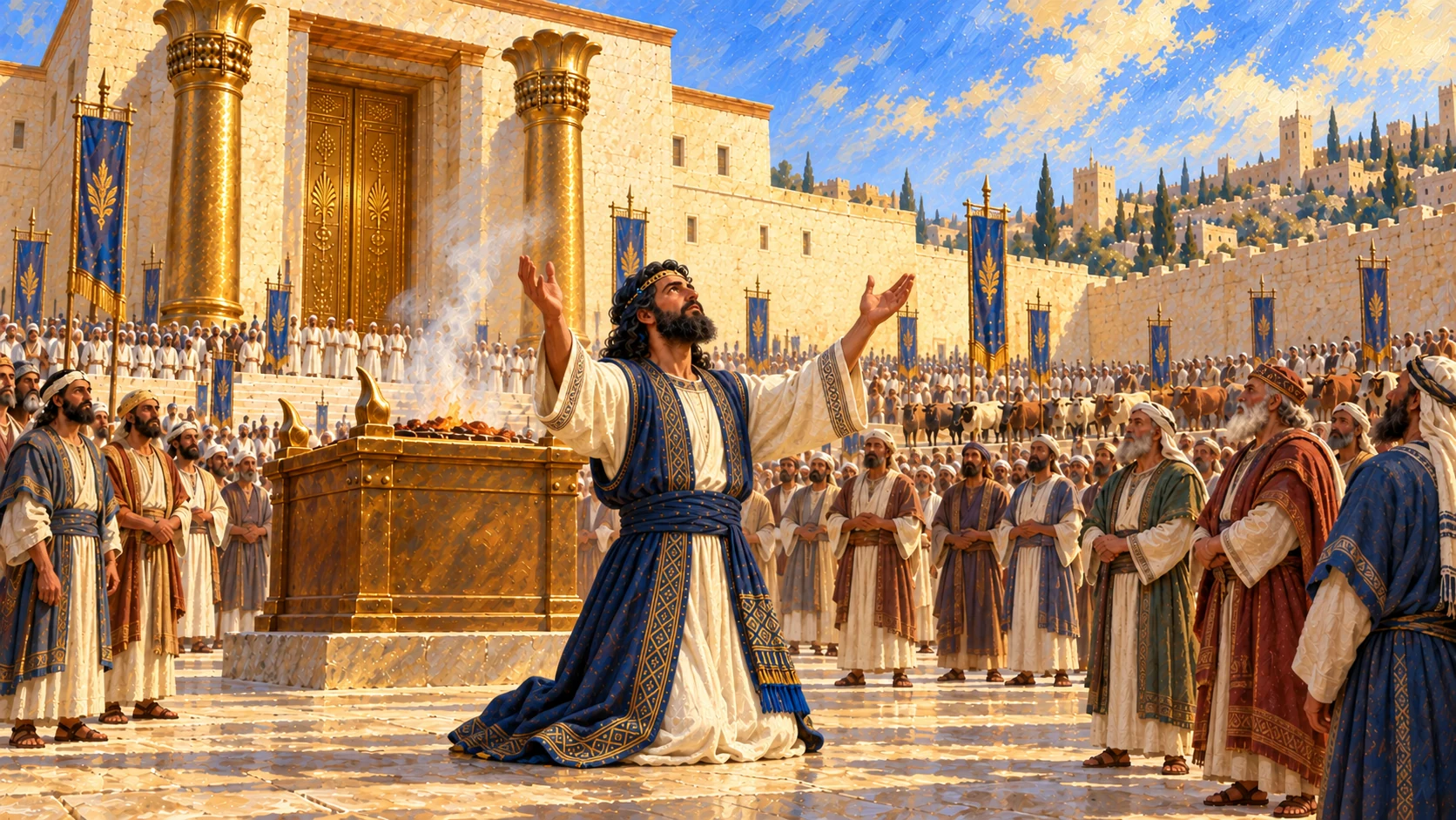 Solomon kneels in earnest prayer with open hands; hypothetical exile remains in text, no historical captivity staged at dedication.