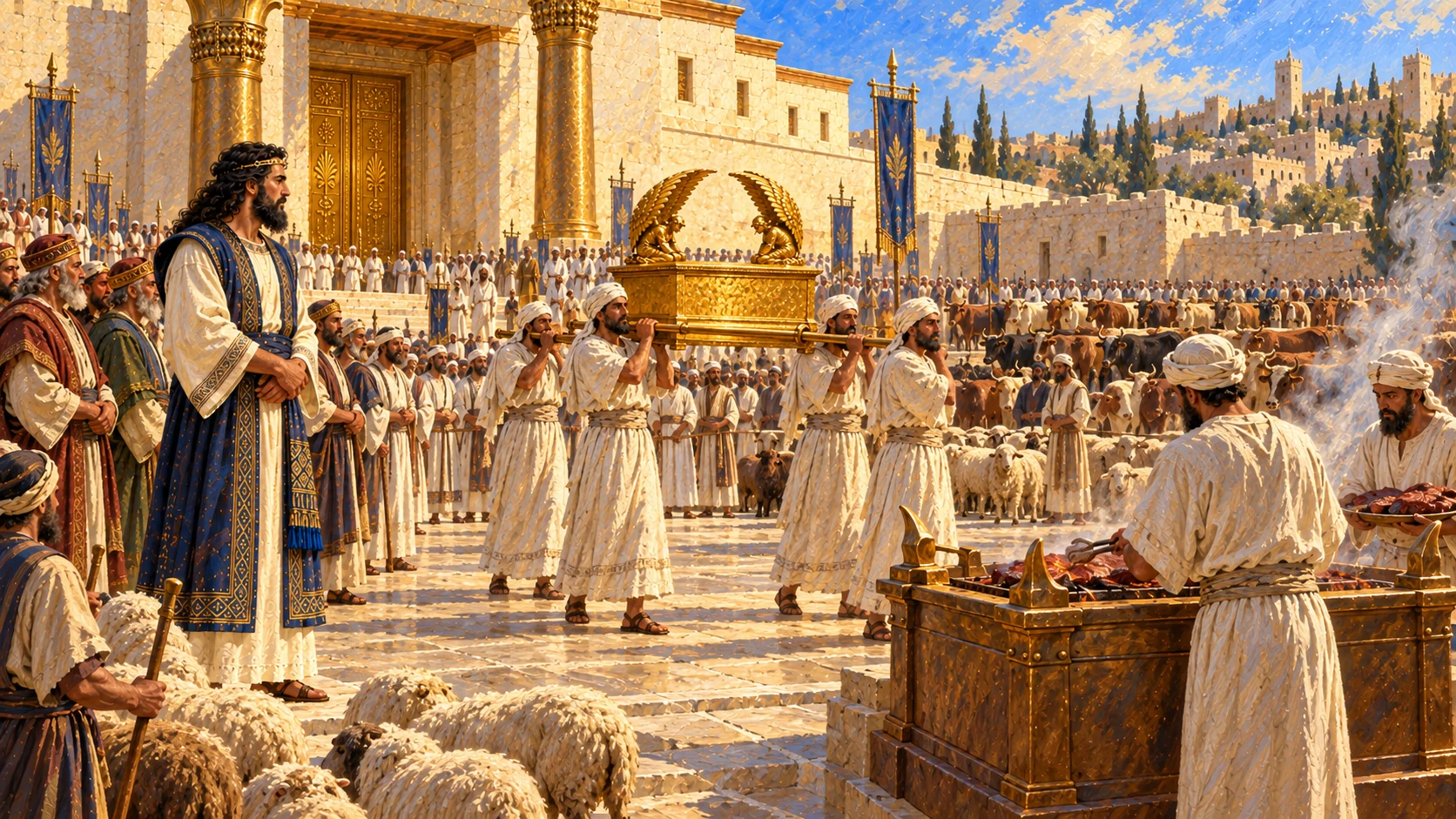 Solomon and assembly before Ark with vast flocks and cattle, sacrificial court; no unsupported fire miracle.