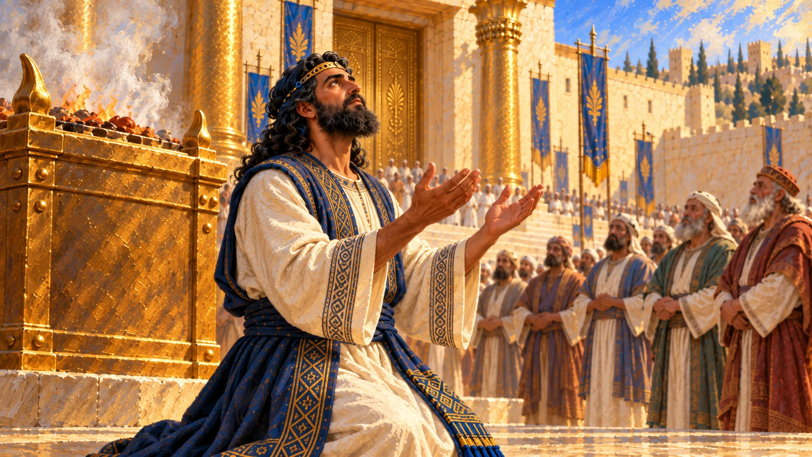 Prayer close view kneeling Solomon, warm light and solemn listening people.