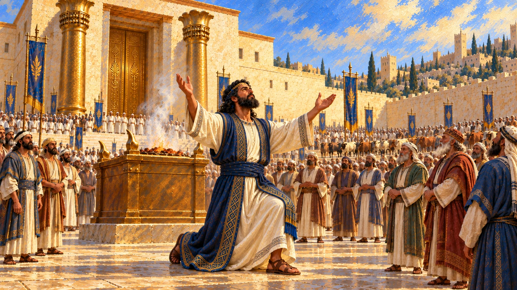 Solomon rises from both knees before altar with palms spread, then blesses assembly; depict single transition, no duplicate figure.