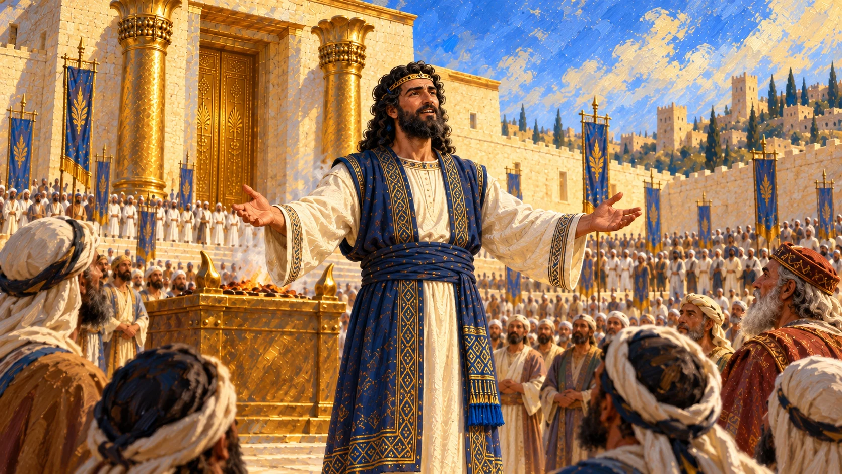 Standing Solomon blesses Israel, open arms and sincere face, people attentive.