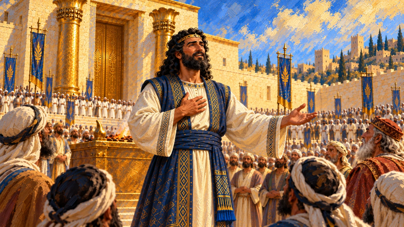 King addresses assembled people; continuity of location and costume, no new invented action.