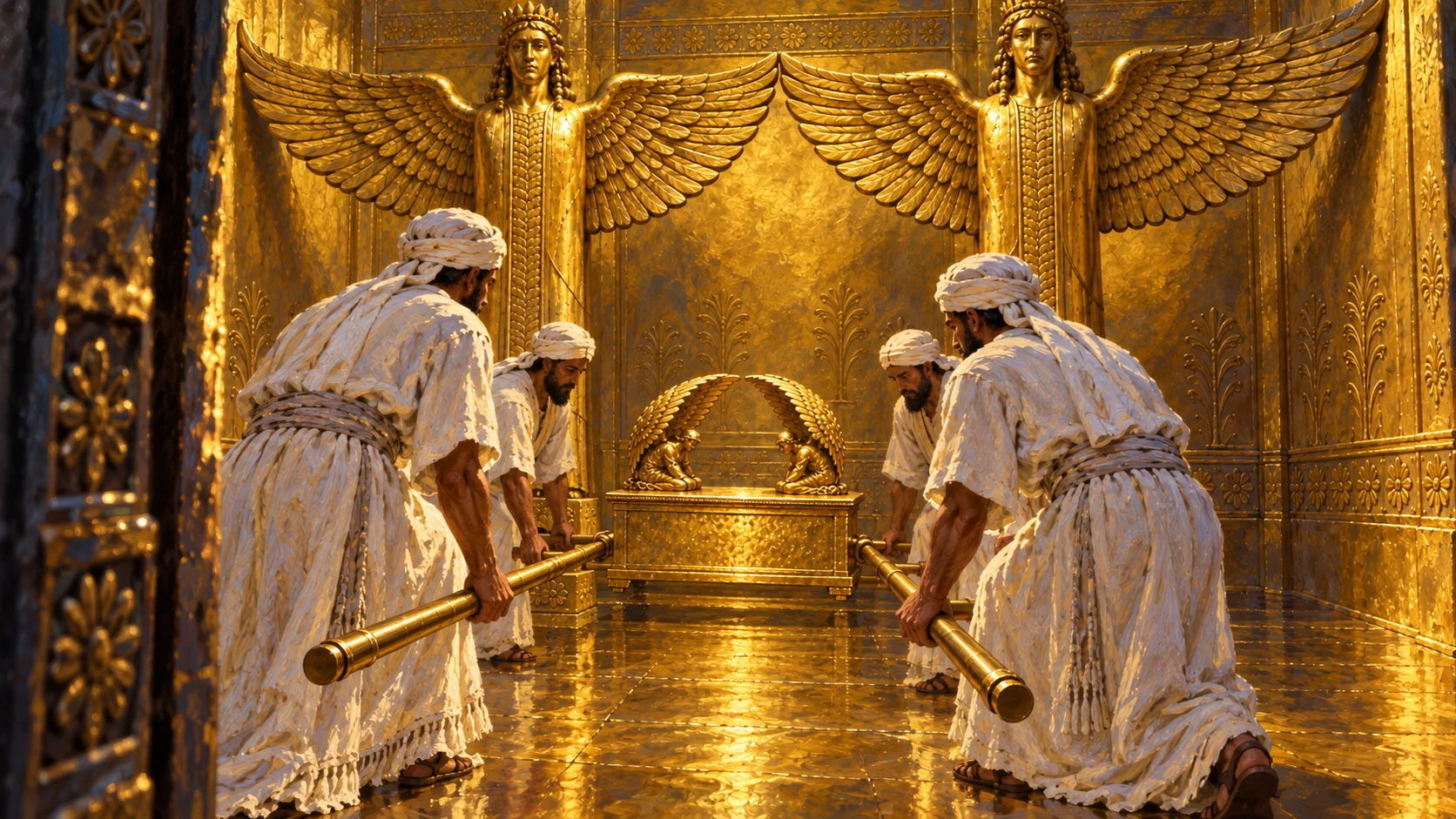 Priests bring Ark into inner sanctuary under monumental cherubim wings, poles projecting toward Holy Place. Match chapter 6 architecture and Ark.