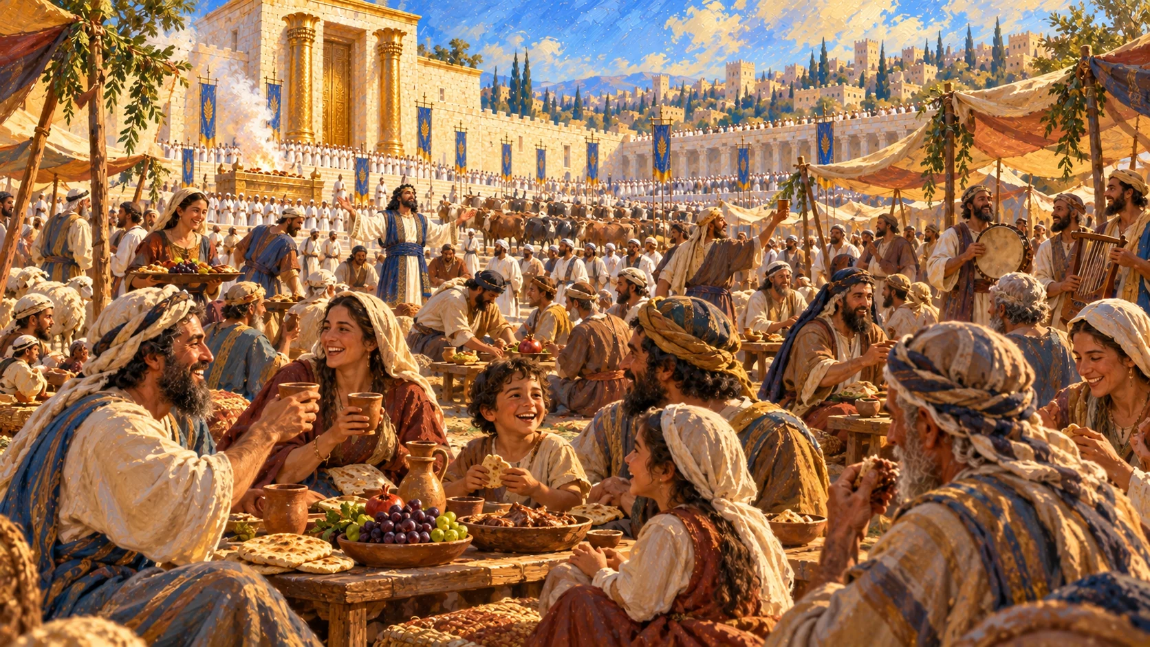 Communal festival meal across courtyard and temporary shelters, joyful families and abundant food, no modern utensils.