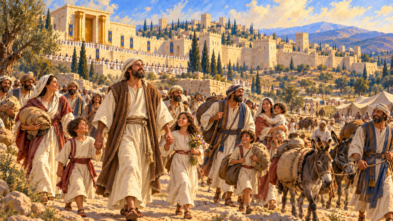 Families departing toward tents with glad expressions, king in distant farewell only if needed, morning warmth.