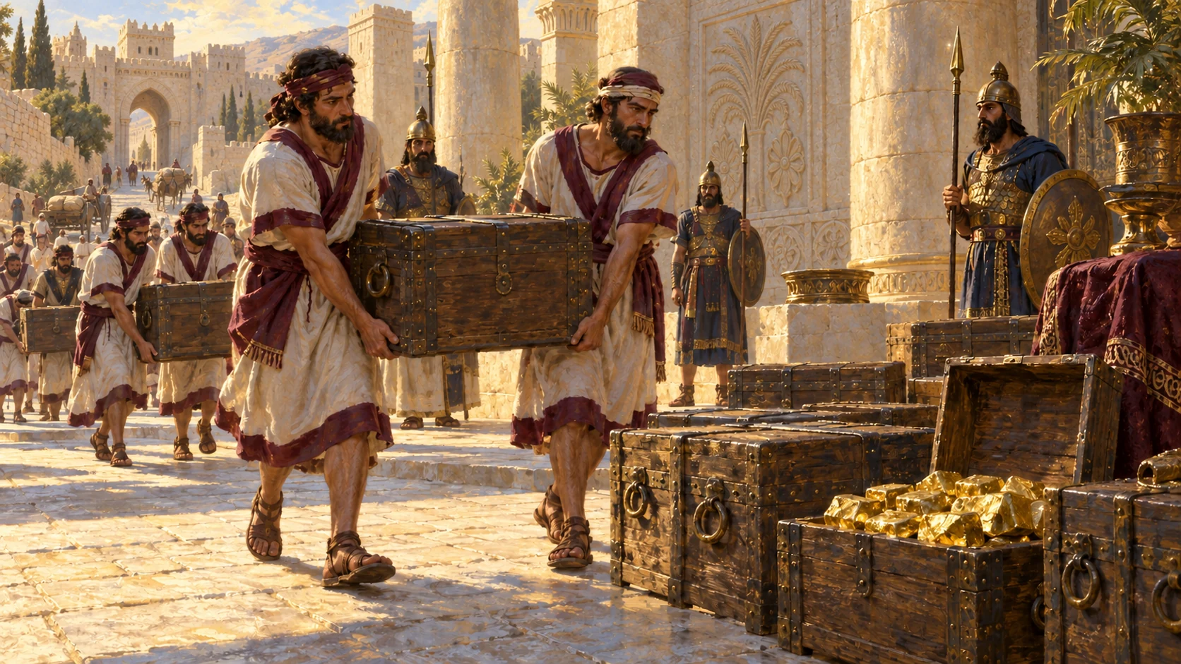 Tyrian attendants bring gold under guard; exact weight in Scripture.