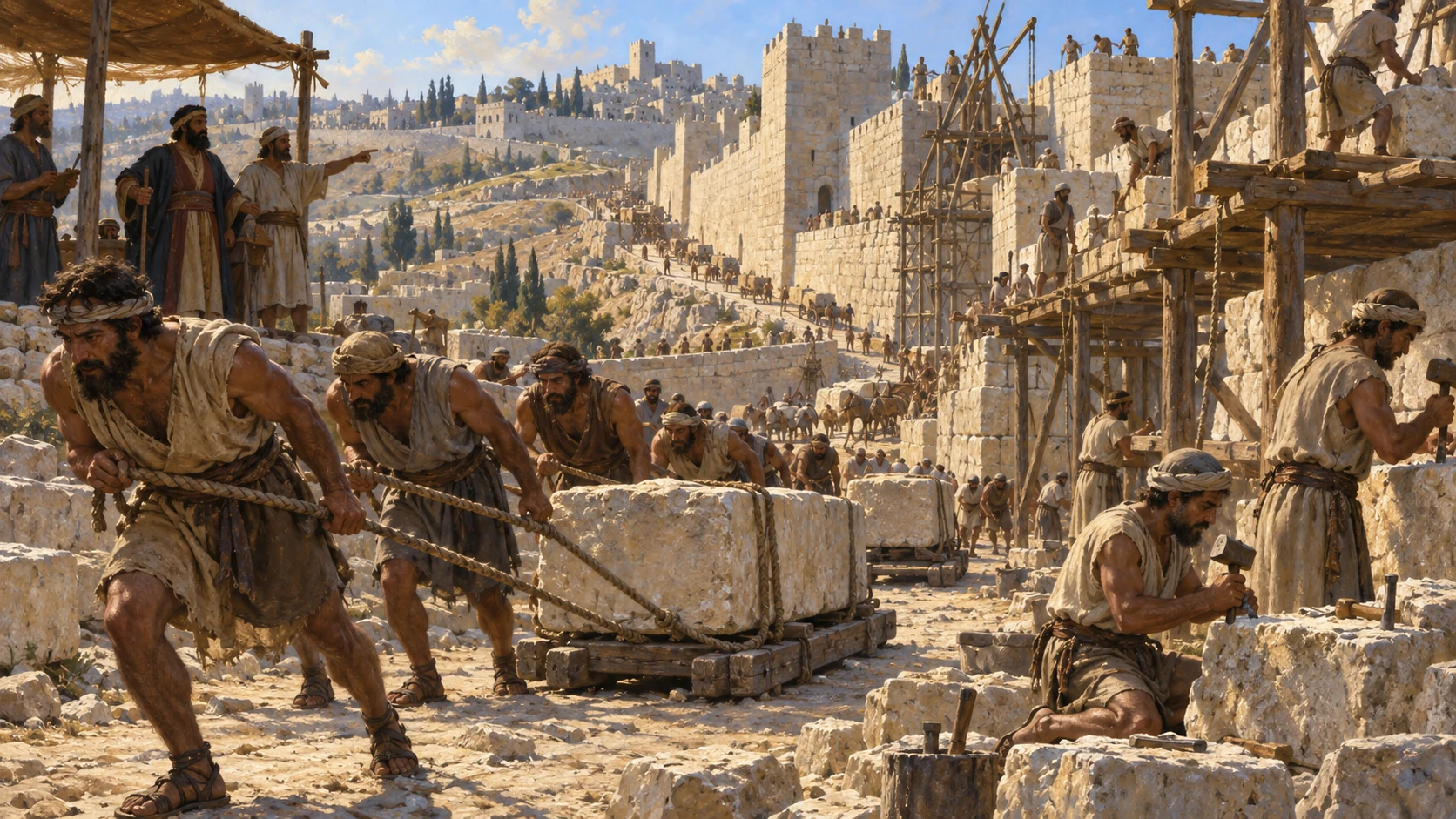 Workers at ancient defensive wall and terrace construction, historically grounded.
