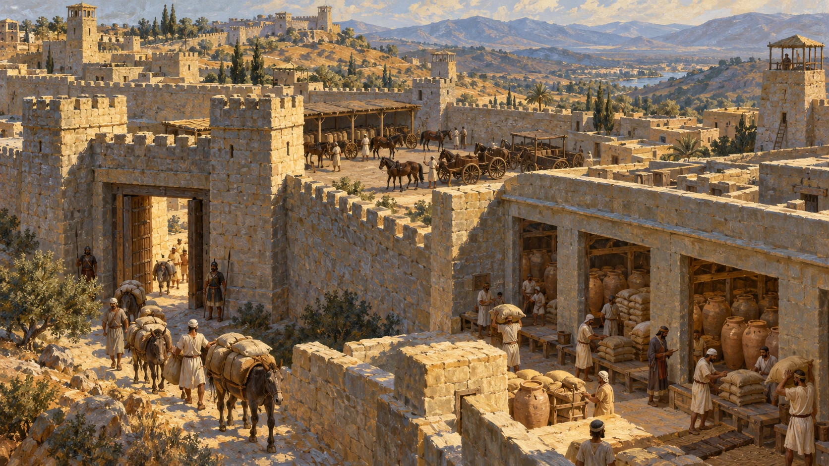 Representative completed fortified store city, ancient granaries and horse facilities, no map pretending to show all cities.