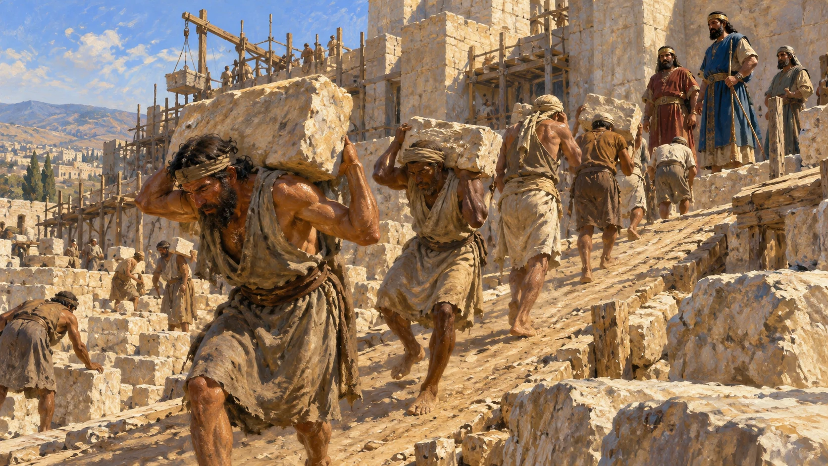 Coerced laborers carry stone under overseers, show exhaustion and power imbalance without racial stereotypes.