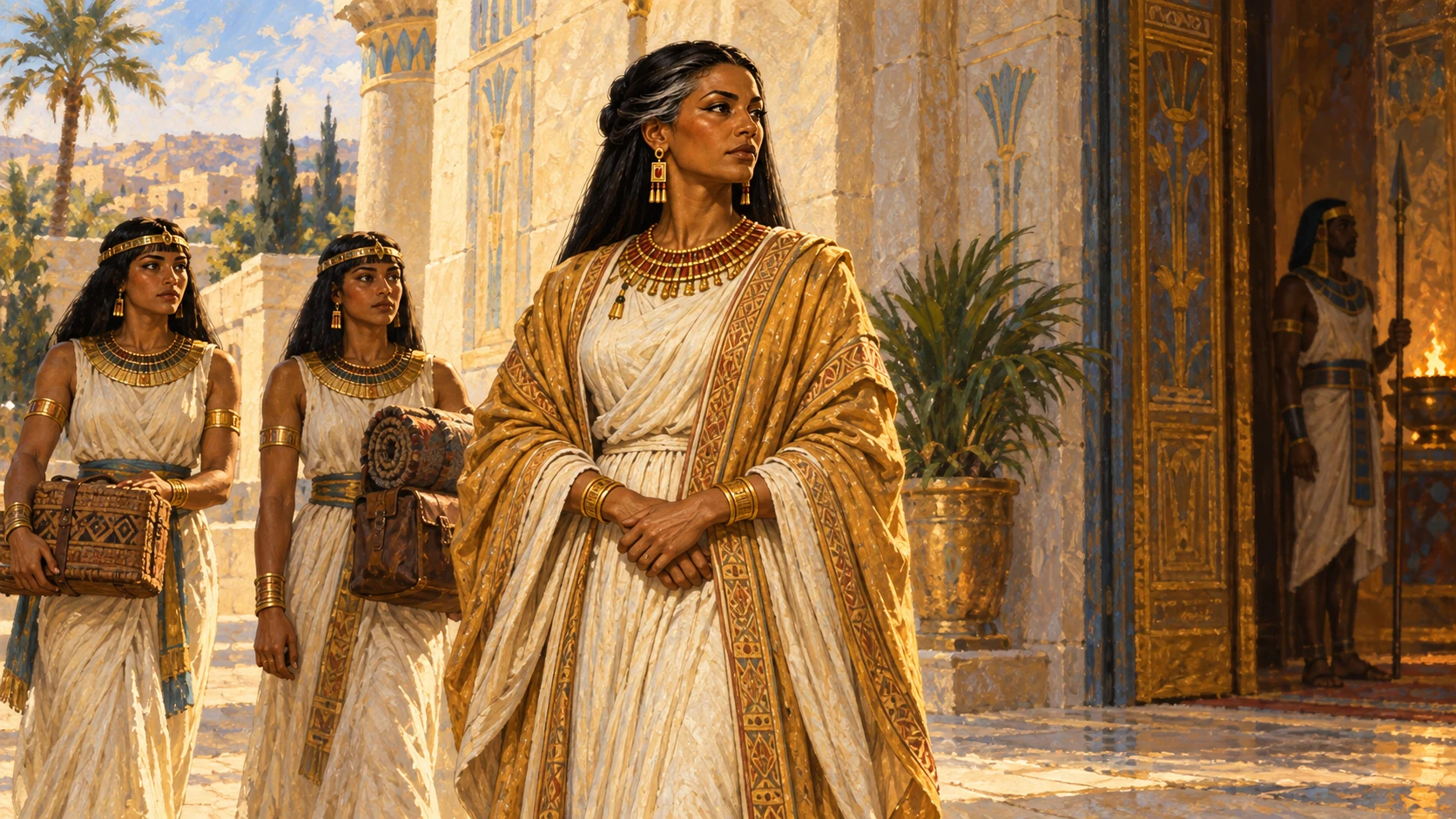 Royal woman arriving at her dedicated residence with attendants; generate appropriate era reference first.